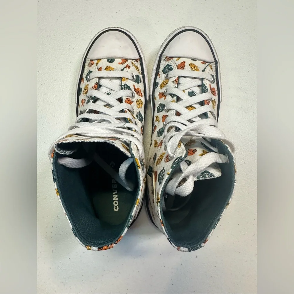 Converse Boys Hi-Top Sneakers Dinosaur Print Pattern White/Orange/Green NWB Sz 5